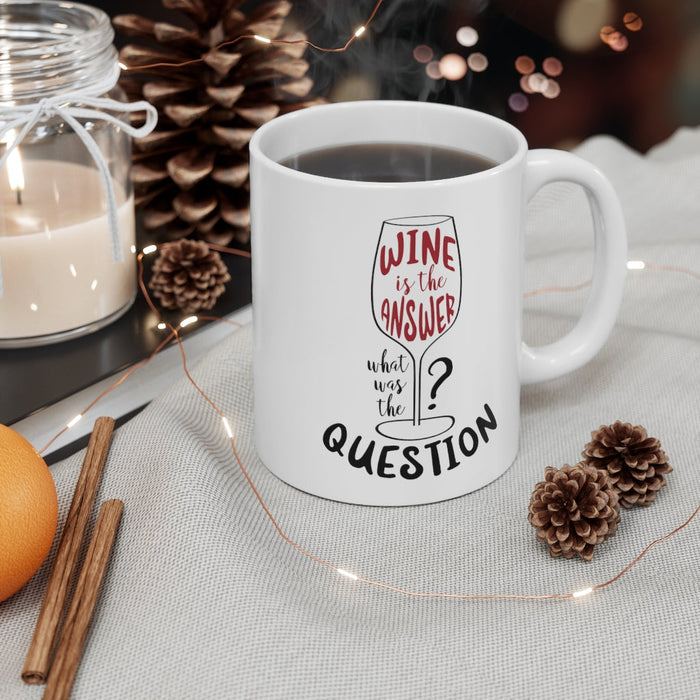 The Answer is Wine: A Mug for the Inquisitive: white, black wine theme, playful typography graphic style