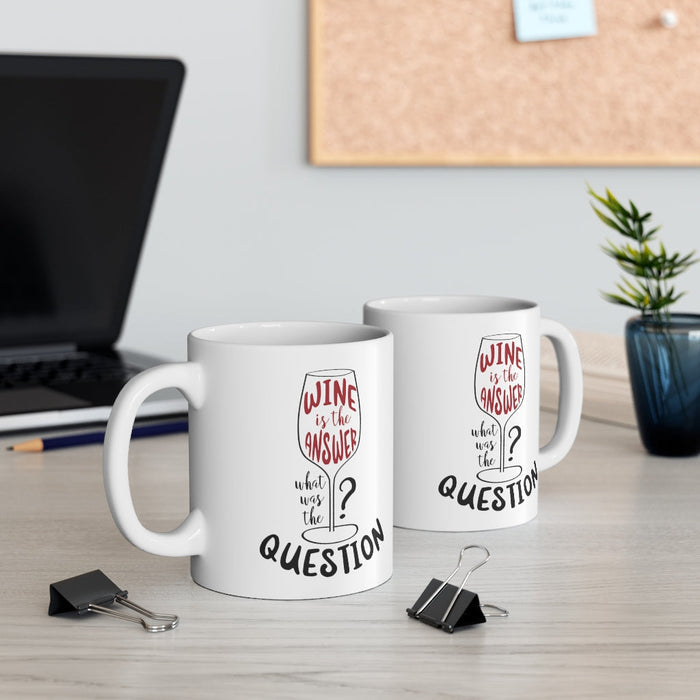 The Answer is Wine: A Mug for the Inquisitive: white, black wine theme, playful typography graphic style