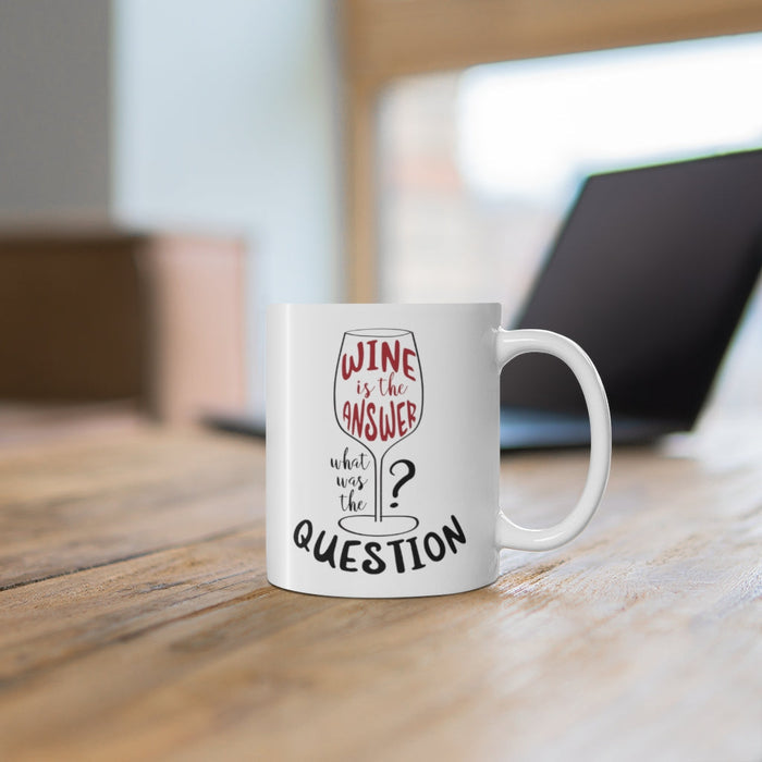 The Answer is Wine: A Mug for the Inquisitive: white, black wine theme, playful typography graphic style