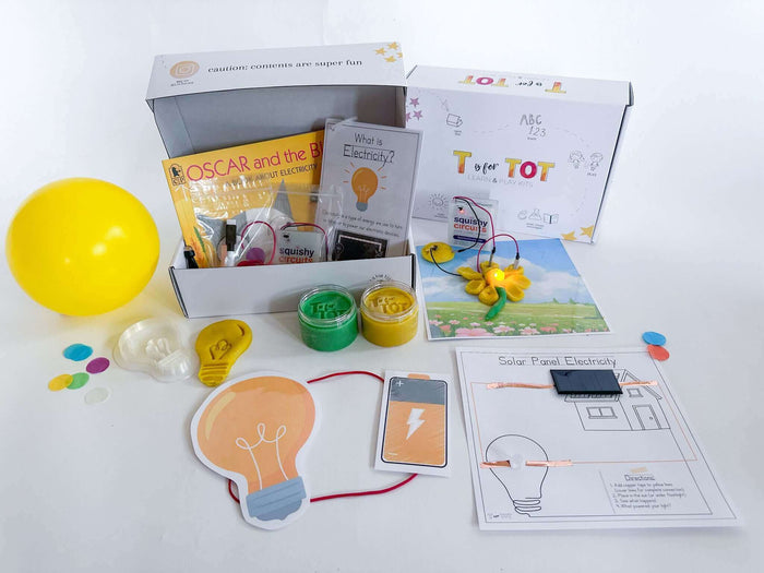 Electricity experiment kit for kids with Squishy Circuits battery pack and light. Comes with homemade playdough, lightbulb playdough cutter, and experiments to understand static and solar electricity. Includes 'Oscar and the Bird' book and a 'What is Electricity?' information pack.
