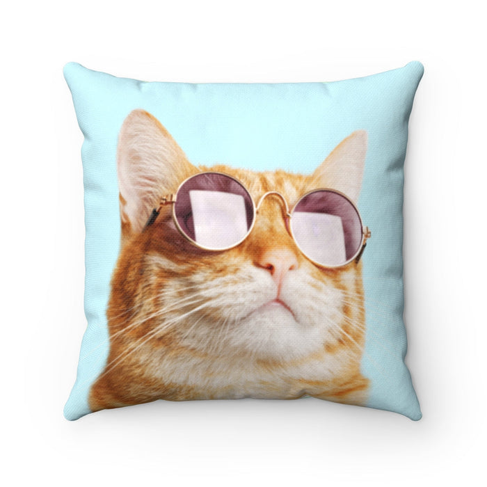 The Feline Supremacy Square Pillow, Available in 4 Sizes: light blue, orange orange tabby cat wearing round sunglasses, playf