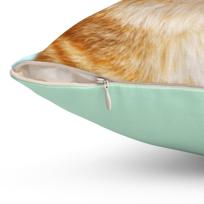 The Feline Supremacy Square Pillow, Available in 4 Sizes: light blue, orange orange tabby cat wearing round sunglasses, playf