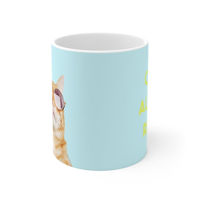 The Purrfect Mug for Cat Lovers: white, light blue orange tabby cat wearing sunglasses, playful photo print style