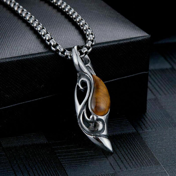Tiger Eye Stone Necklace with a Hanging Pendant: silver, brown pendant necklace, ornate, gothic-inspired style