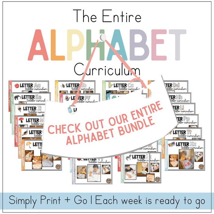 Colorful image of an entire alphabet curriculum featuring printables for teaching the alphabet to toddlers and preschoolers.