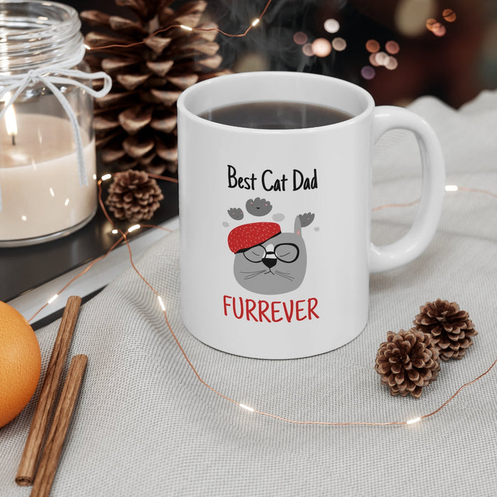 Top Cat Father Mug: white, gray cat dad theme, cartoon, playful style
