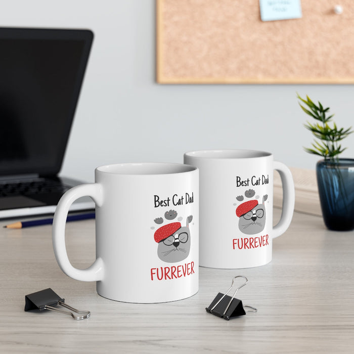 Top Cat Father Mug: white, gray cat dad theme, cartoon, playful style