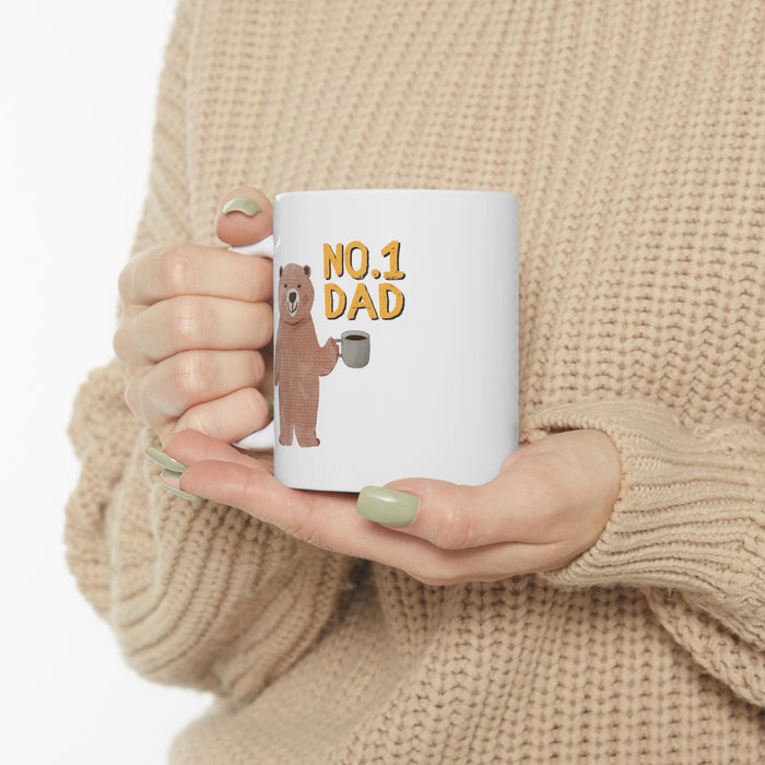 Top Dad Teddy Bear Mug for Tea and Coffee: white, brown bear, cartoon style