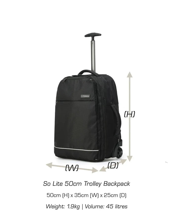 Tosca So Lite Onboard Trolley Backpack - Black - measurements
