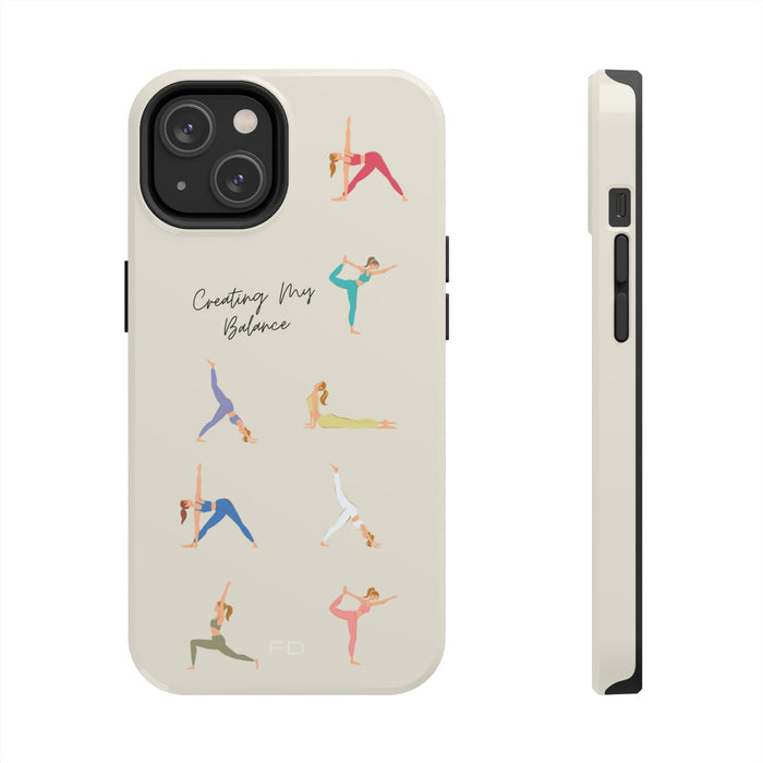 Tough Case for iPhone with Wireless Charging, Yoga Poses: cream, black yoga poses, minimal cartoon style