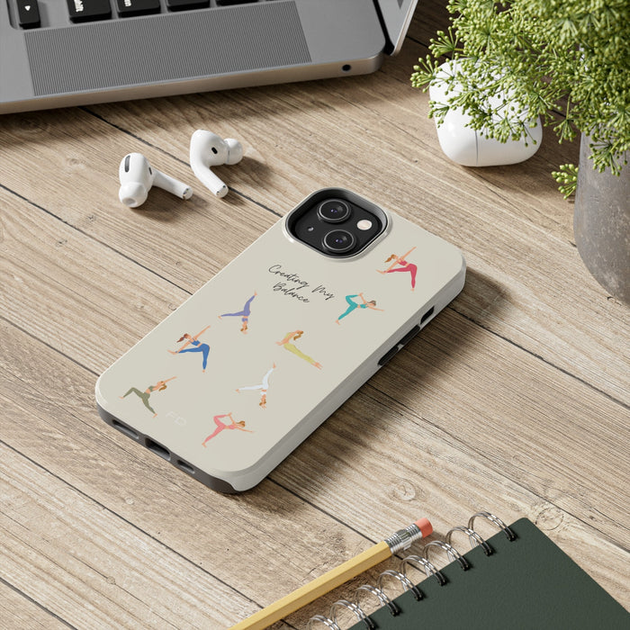 Tough Case for iPhone with Wireless Charging, Yoga Poses: cream, black yoga poses, minimal cartoon style