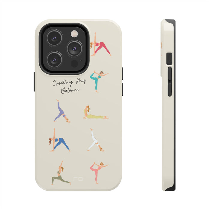Tough Case for iPhone with Wireless Charging, Yoga Poses: cream, black yoga poses, minimal cartoon style