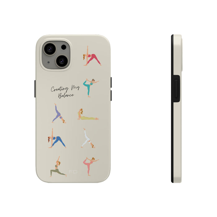 Tough Case for iPhone with Wireless Charging, Yoga Poses: cream, black yoga poses, minimal cartoon style