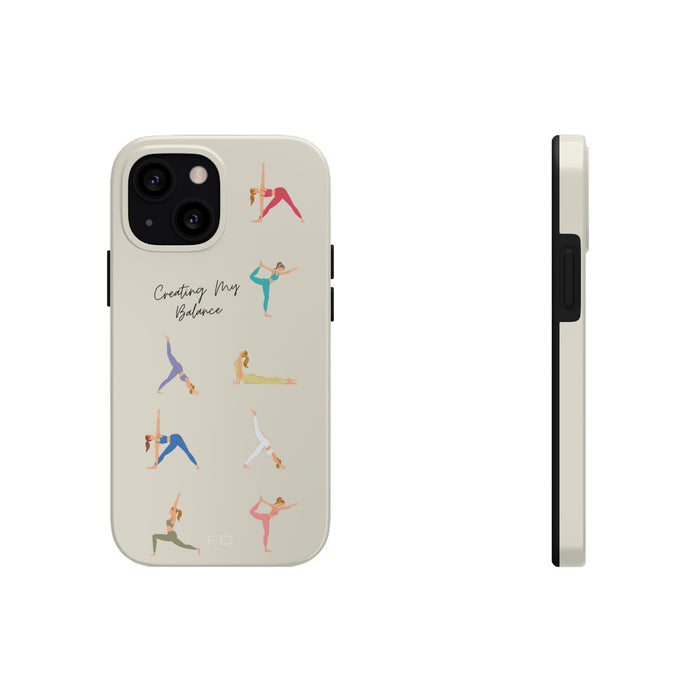 Tough Case for iPhone with Wireless Charging, Yoga Poses: cream, black yoga poses, minimal cartoon style
