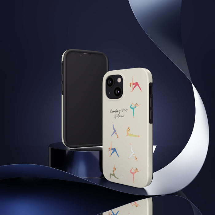 Tough Case for iPhone with Wireless Charging, Yoga Poses: cream, black yoga poses, minimal cartoon style