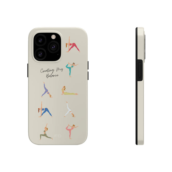 Tough Case for iPhone with Wireless Charging, Yoga Poses: cream, black yoga poses, minimal cartoon style