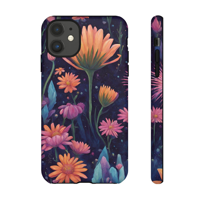 Tough Cases with a Fusion of Floral Designs: dark navy, purple floral garden theme, botanical illustration, colorful style
