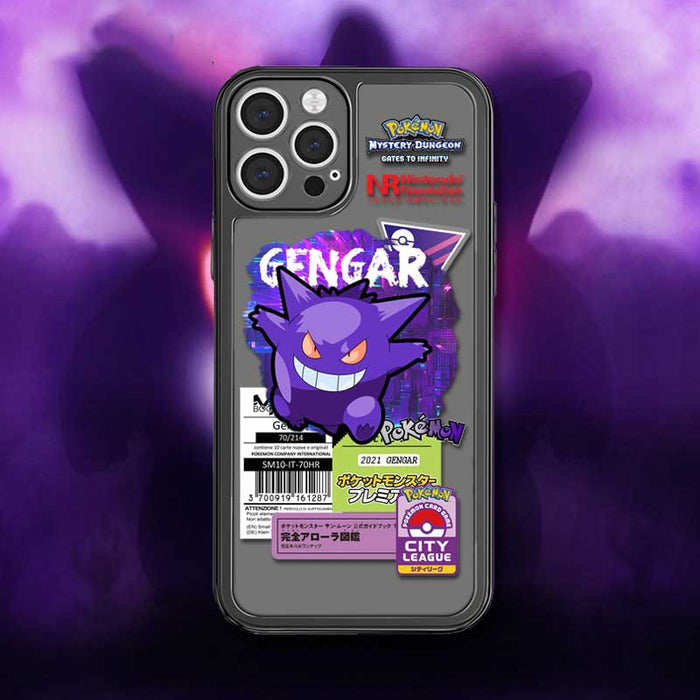 Translucent iPhone Cases with Pokemon Graphics: dark gray, green Bulbasaur Pokémon character, cartoon, graphic collage style
