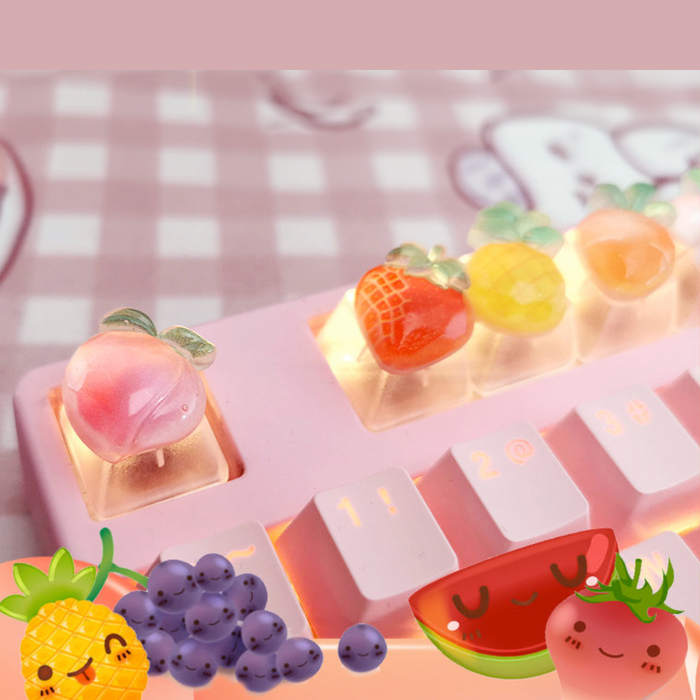 Translucent Keyboard Keycap Set, 6 Pieces for Gaming with Fruit Design: pink, white fruit-themed, kawaii style