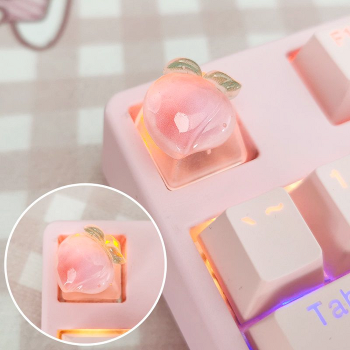 Translucent Keyboard Keycap Set, 6 Pieces for Gaming with Fruit Design: pink, white fruit-themed, kawaii style