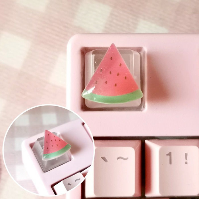 Translucent Keyboard Keycap Set, 6 Pieces for Gaming with Fruit Design: pink, white fruit-themed, kawaii style