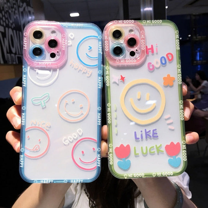 Transparent iPhone Cover with Smiling Emoji Face: clear, blue smiley-face theme, kawaii cartoon style