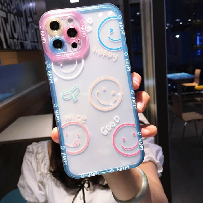 Transparent iPhone Cover with Smiling Emoji Face: clear, blue smiley-face theme, kawaii cartoon style