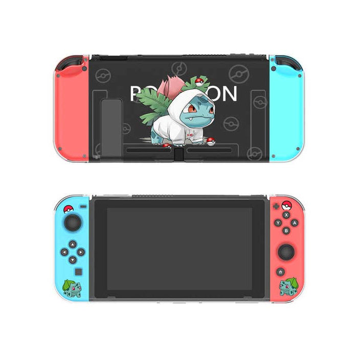 Transparent Switch OLED Cover Case with Designs: black, red Pokémon character Bulbasaur, cartoon gaming theme style