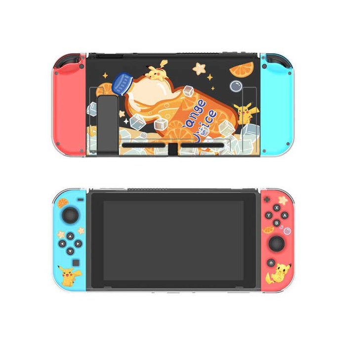 Transparent Switch OLED Cover Case with Designs: black, red Pokémon character Bulbasaur, cartoon gaming theme style