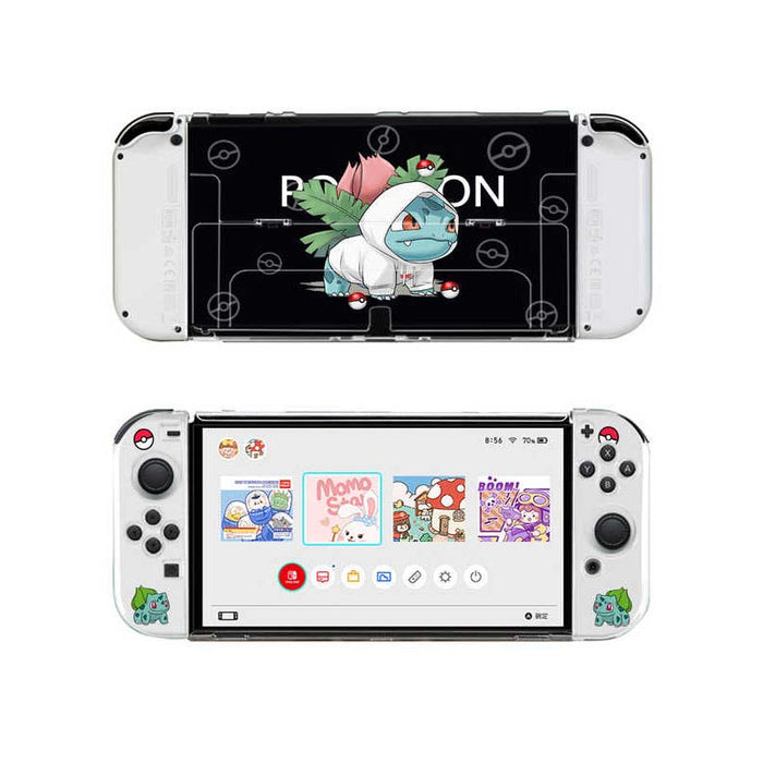 Transparent Switch OLED Cover Case with Designs: black, red Pokémon character Bulbasaur, cartoon gaming theme style
