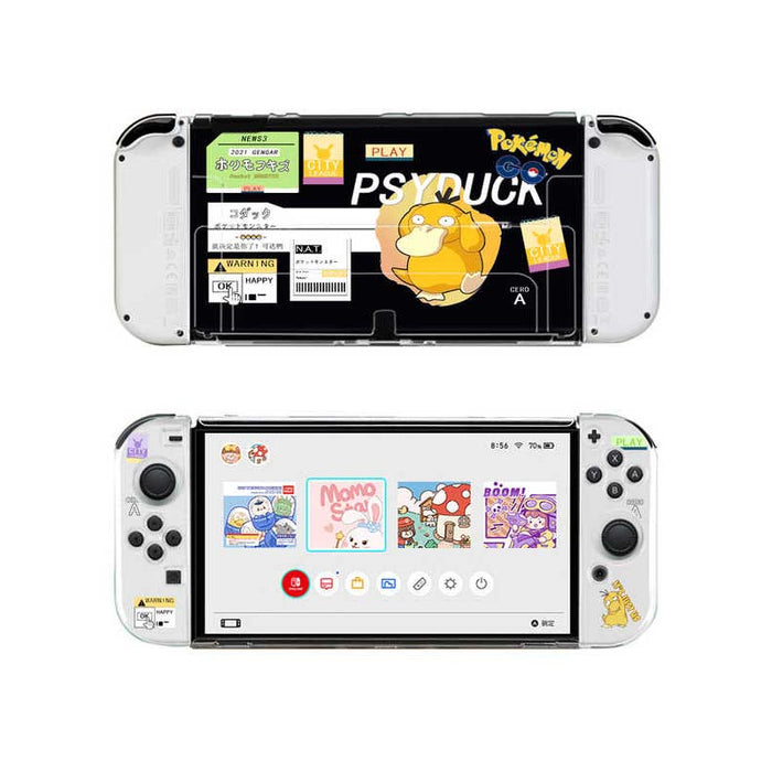 Transparent Switch OLED Cover Case with Designs: black, red Pokémon character Bulbasaur, cartoon gaming theme style
