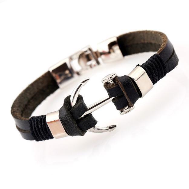 Trendy Leather Bracelet for Men with Nautical Anchor Motif: black, silver anchor, nautical, minimalist style