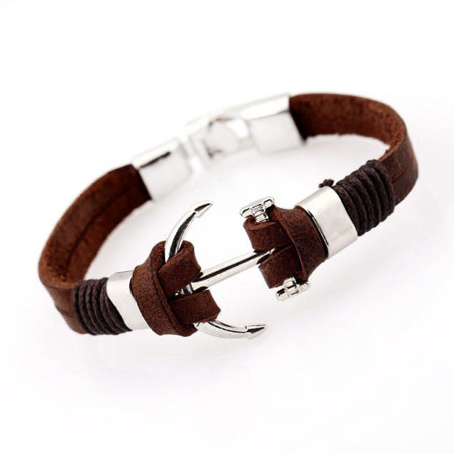 Trendy Leather Bracelet for Men with Nautical Anchor Motif: black, silver anchor, nautical, minimalist style