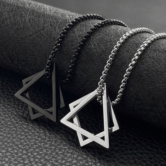 Triangle and Square Geometric Necklace: black, silver pendant necklaces, minimal geometric style