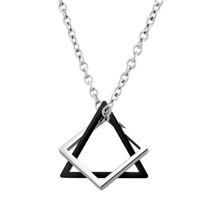 Triangle and Square Geometric Necklace: black, silver pendant necklaces, minimal geometric style