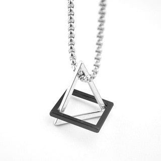 Triangle and Square Geometric Necklace: black, silver pendant necklaces, minimal geometric style