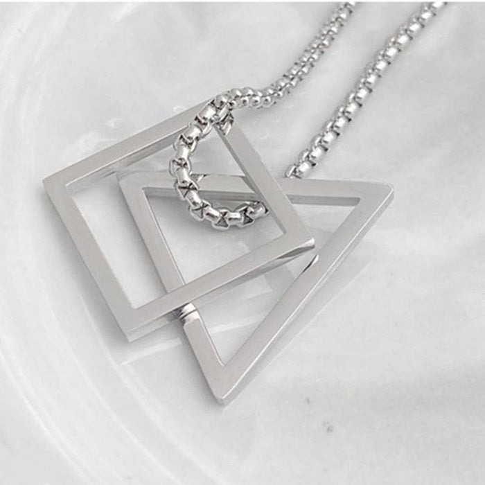 Triangle and Square Geometric Necklace: black, silver pendant necklaces, minimal geometric style