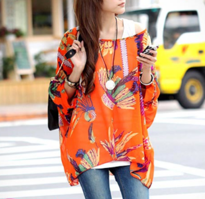 Tropical Chiffon Tunic Top for Women with a Relaxed Fit: bright orange, red floral and leaf print, bohemian style