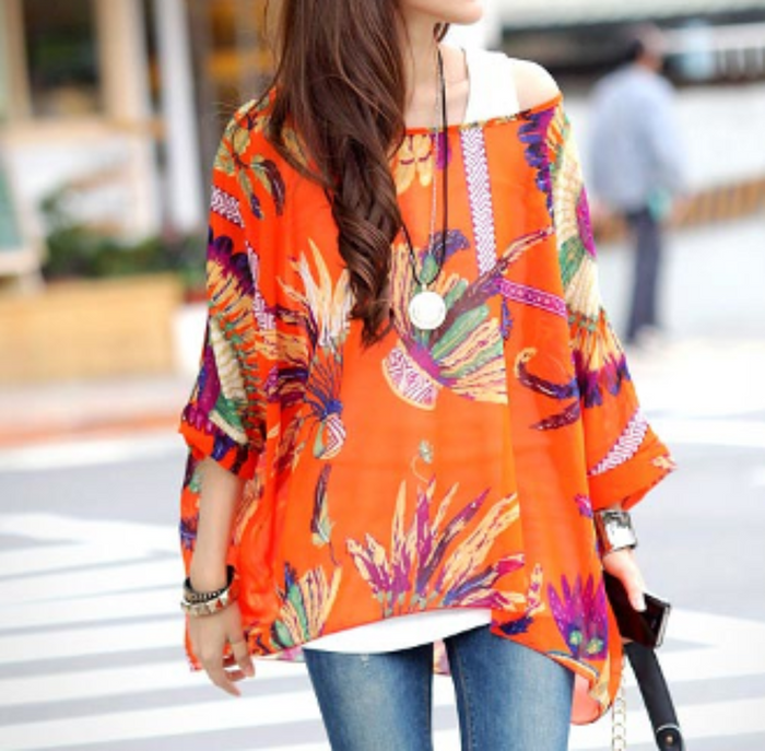 Tropical Chiffon Tunic Top for Women with a Relaxed Fit: bright orange, red floral and leaf print, bohemian style
