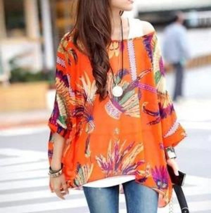 Tropical Chiffon Tunic Top for Women with a Relaxed Fit: bright orange, red floral and leaf print, bohemian style