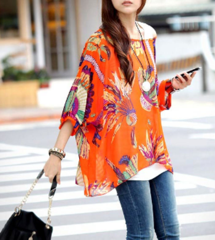 Tropical Chiffon Tunic Top for Women with a Relaxed Fit: bright orange, red floral and leaf print, bohemian style