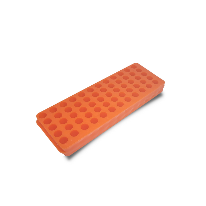 Orange plastic tube holder with multiple holes designed to hold laboratory tubes.