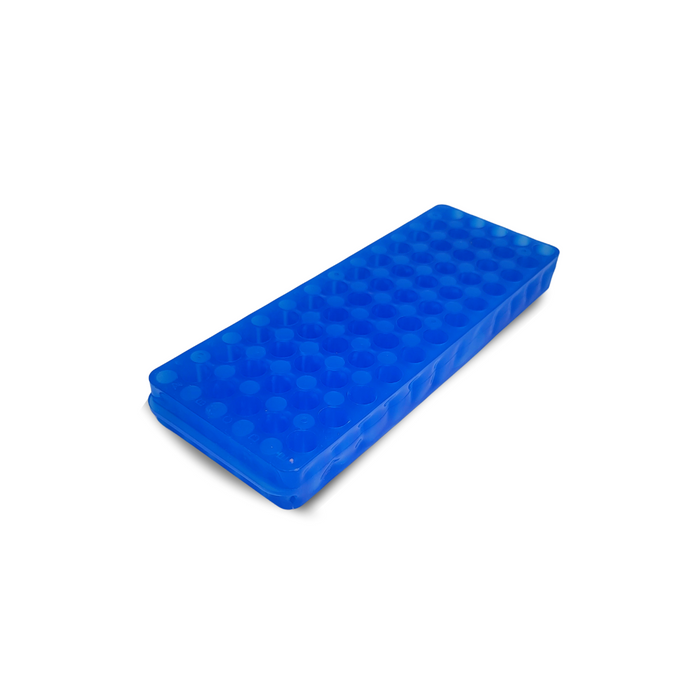 Blue plastic tube holders with multiple holes designed to hold laboratory tubes.