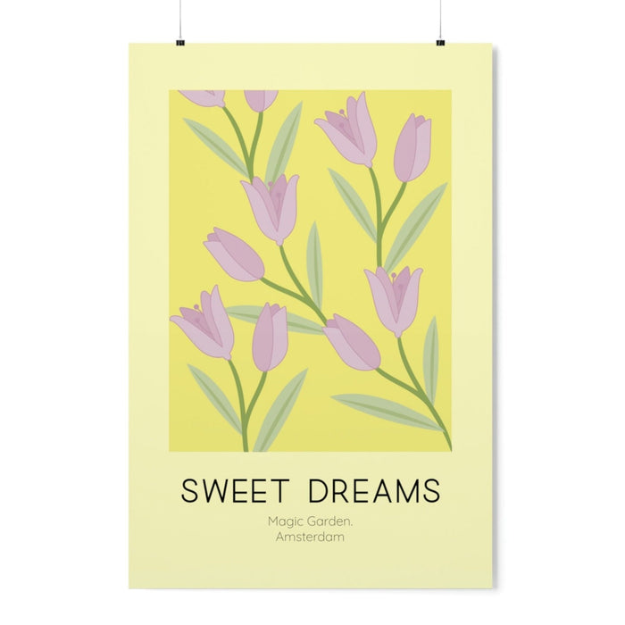Tulip Dreams Poster: pale yellow, pink stylized tulip flowers, minimal, botanical illustration style