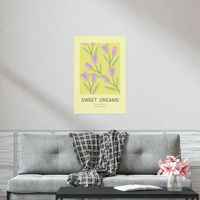 Tulip Dreams Poster: pale yellow, pink stylized tulip flowers, minimal, botanical illustration style