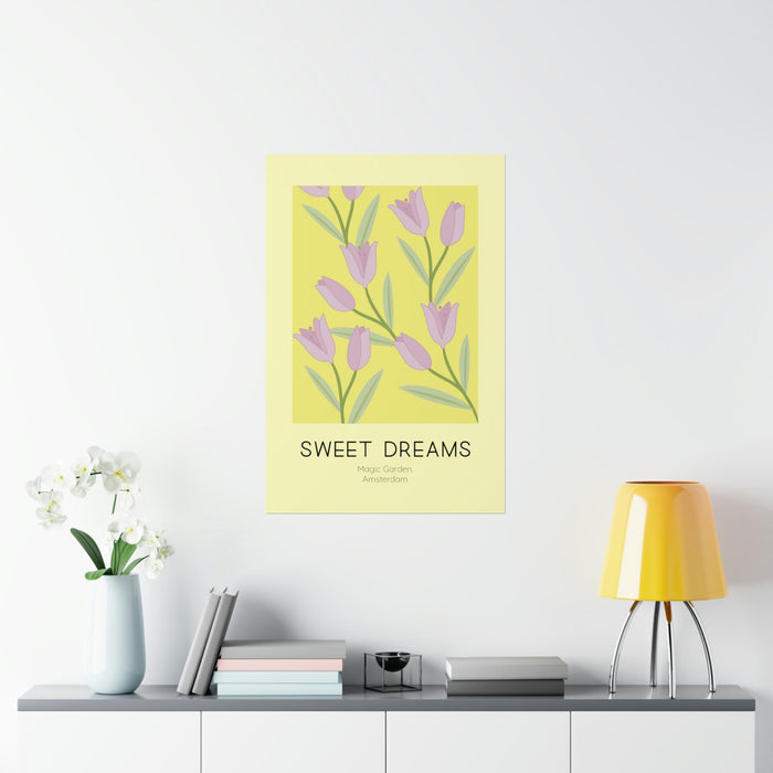 Tulip Dreams Poster: pale yellow, pink stylized tulip flowers, minimal, botanical illustration style