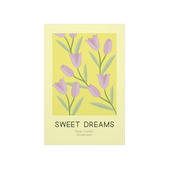 Tulip Dreams Poster: pale yellow, pink stylized tulip flowers, minimal, botanical illustration style