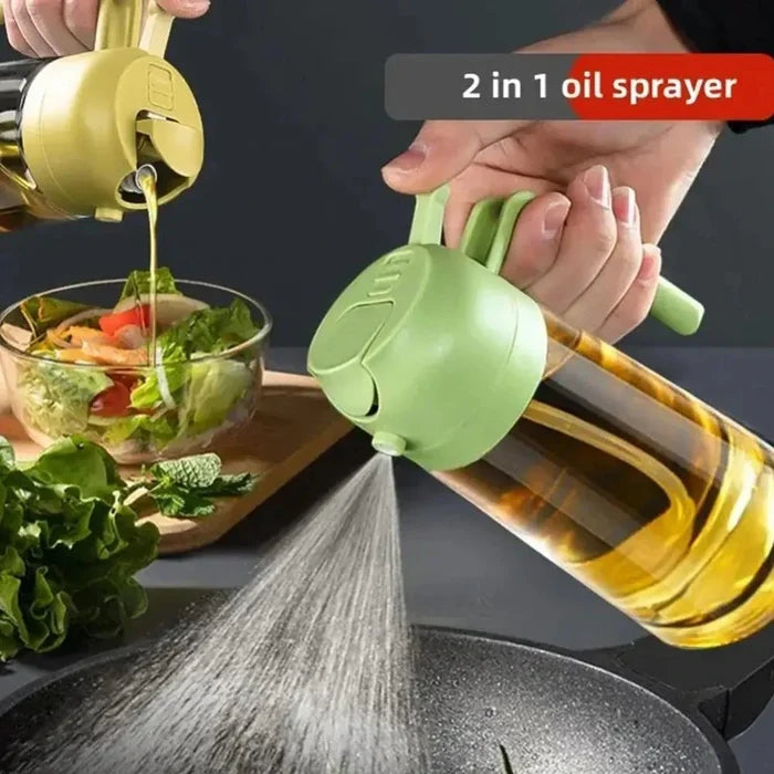 Two-in-One Oil Dispenser: Spray and Pour Functions Combined: light green, transparent 2-in-1 oil sprayer and pourer bottle, m