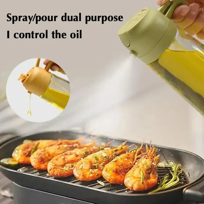 Two-in-One Oil Dispenser: Spray and Pour Functions Combined: light green, transparent 2-in-1 oil sprayer and pourer bottle, m