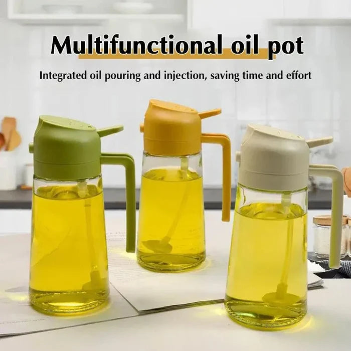 Two-in-One Oil Dispenser: Spray and Pour Functions Combined: light green, transparent 2-in-1 oil sprayer and pourer bottle, m